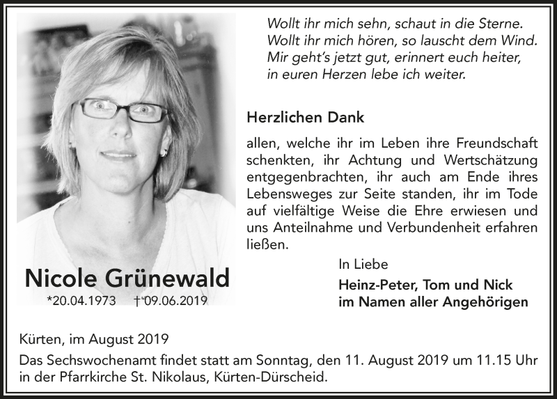  Traueranzeige für Nicole Grünewald vom 07.08.2019 aus  Bergisches Handelsblatt 