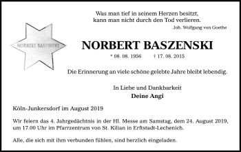 Anzeige von Norbert Naszenski von Kölner Stadt-Anzeiger / Kölnische Rundschau / Express