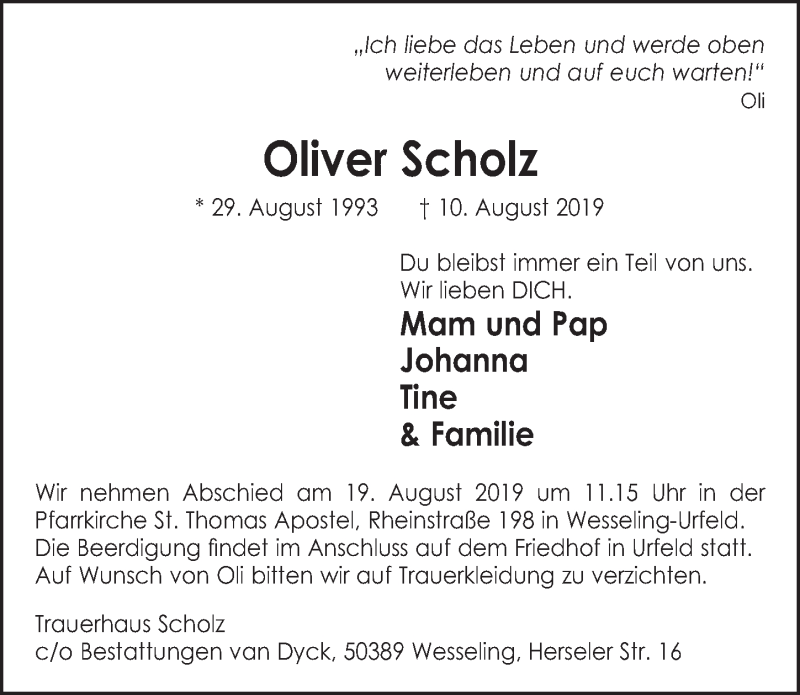  Traueranzeige für Oliver Scholz vom 14.08.2019 aus  Schlossbote/Werbekurier 