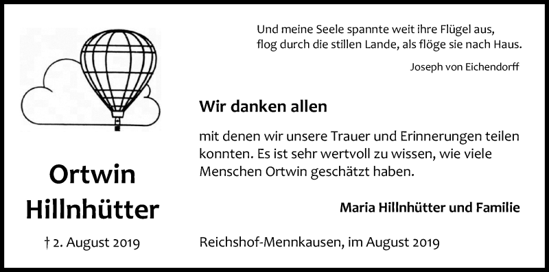  Traueranzeige für Ortwin Hillnhütter vom 31.08.2019 aus Kölner Stadt-Anzeiger / Kölnische Rundschau / Express