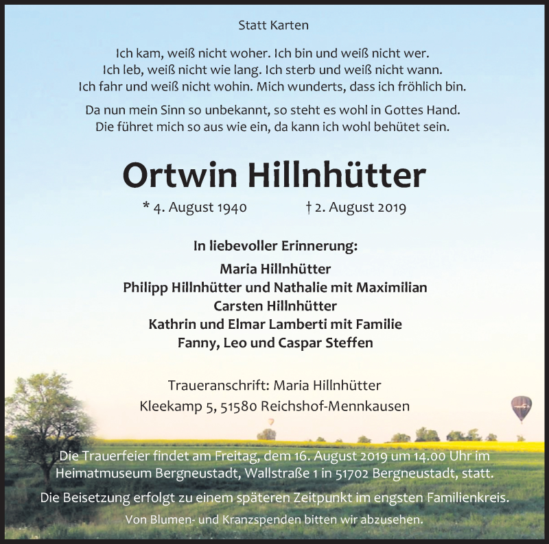  Traueranzeige für Ortwin Hillnhütter vom 10.08.2019 aus Kölner Stadt-Anzeiger / Kölnische Rundschau / Express