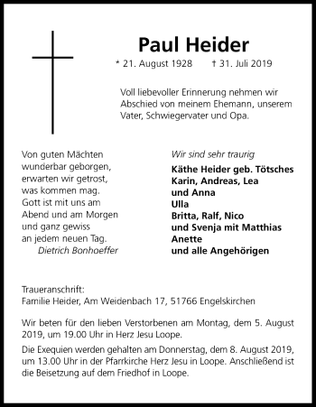 Anzeige von Paul Heider von Kölner Stadt-Anzeiger / Kölnische Rundschau / Express