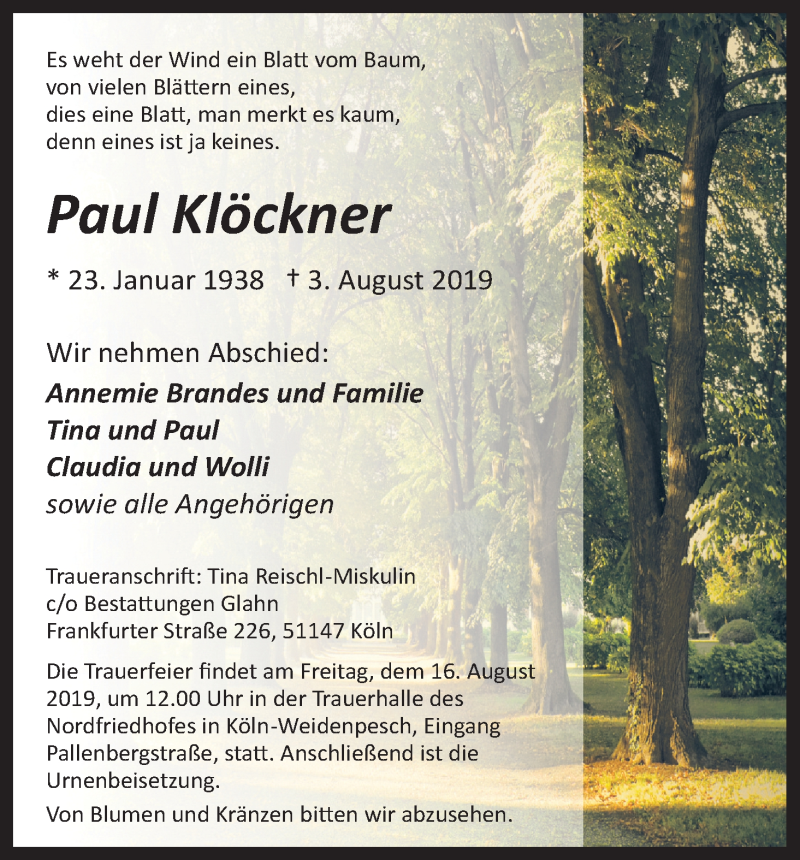  Traueranzeige für Paul Klöckner vom 10.08.2019 aus Kölner Stadt-Anzeiger / Kölnische Rundschau / Express