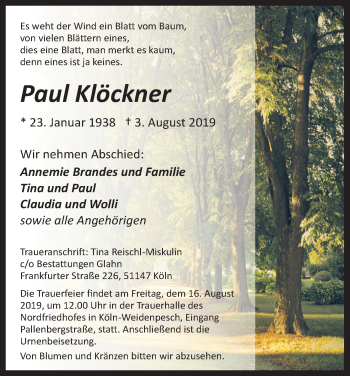 Anzeige von Paul Klöckner von Kölner Stadt-Anzeiger / Kölnische Rundschau / Express