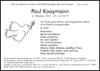 Anzeige von Paul Kooymann von Kölner Stadt-Anzeiger / Kölnische Rundschau / Express