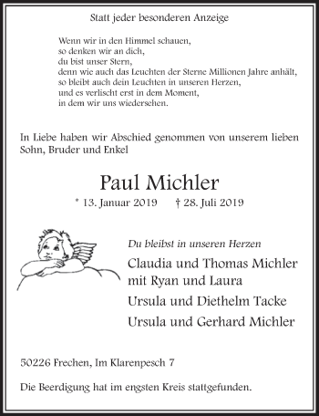 Anzeige von Paul Michler von  Sonntags-Post 