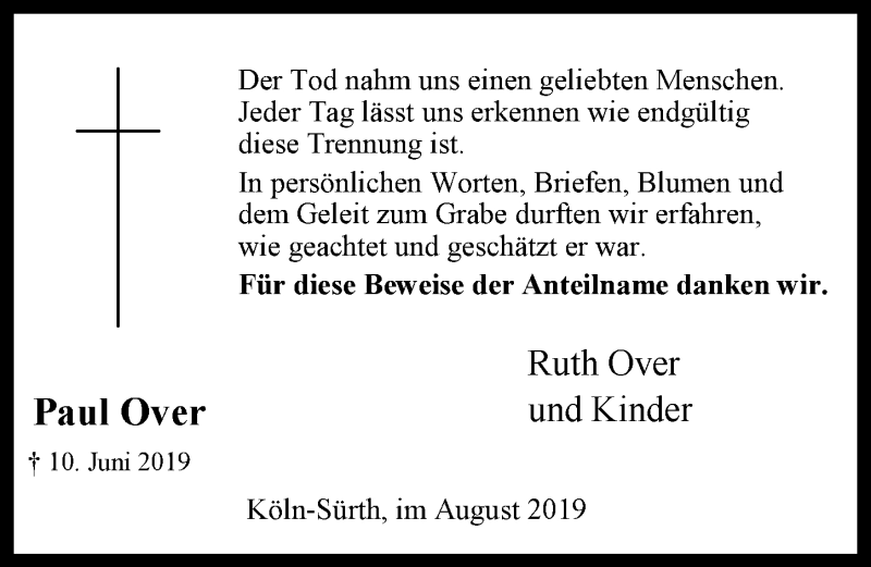  Traueranzeige für Paul Over vom 21.08.2019 aus  Kölner Wochenspiegel 
