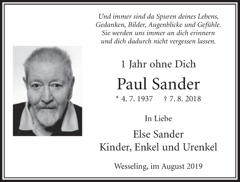  Traueranzeige für Paul Sander vom 07.08.2019 aus  Schlossbote/Werbekurier 