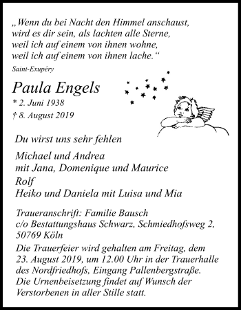 Anzeige von Paula Engels von Kölner Stadt-Anzeiger / Kölnische Rundschau / Express