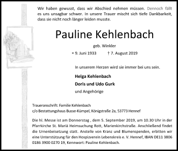 Anzeige von Pauline Kehlenbach von Kölner Stadt-Anzeiger / Kölnische Rundschau / Express