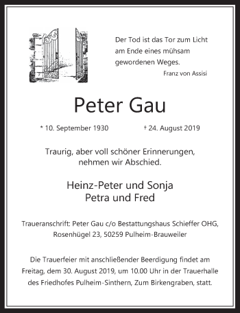 Anzeige von Peter Gau von  Wochenende 