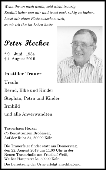 Anzeige von Peter Hecker von Kölner Stadt-Anzeiger / Kölnische Rundschau / Express