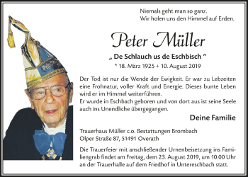 Anzeige von Peter Müller von  Bergisches Sonntagsblatt 