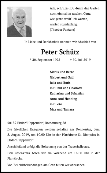 Anzeige von Peter Schütz von Kölner Stadt-Anzeiger / Kölnische Rundschau / Express