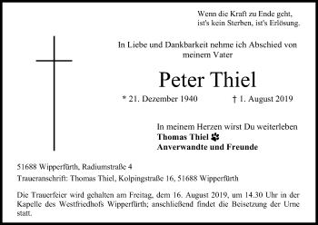 Anzeige von Peter Thiel von Kölner Stadt-Anzeiger / Kölnische Rundschau / Express