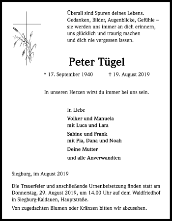 Anzeige von Peter Tügel von Kölner Stadt-Anzeiger / Kölnische Rundschau / Express
