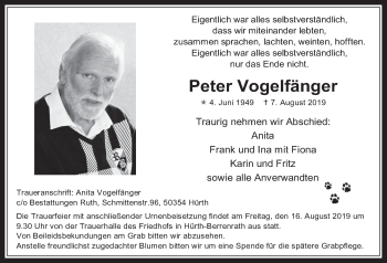 Anzeige von Peter Vogelfänger von  Wochenende 