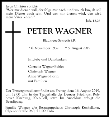 Anzeige von Peter Wagner von Kölner Stadt-Anzeiger / Kölnische Rundschau / Express
