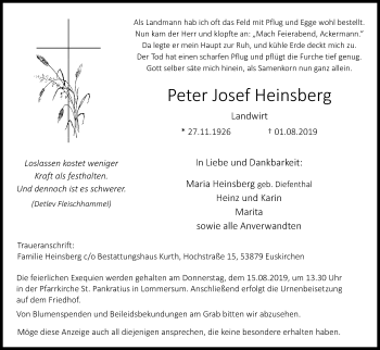 Anzeige von Peter Josef Heinsberg von Kölner Stadt-Anzeiger / Kölnische Rundschau / Express