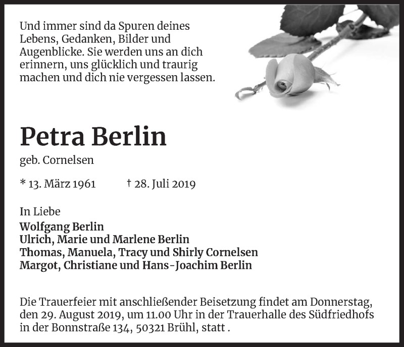  Traueranzeige für Petra Berlin vom 10.08.2019 aus Kölner Stadt-Anzeiger / Kölnische Rundschau / Express