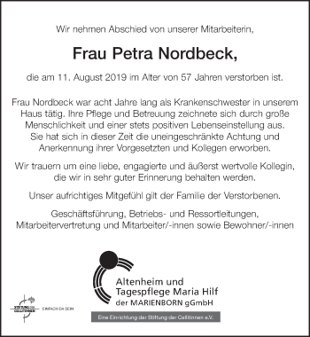 Anzeige von Petra Nordbeck von  Schaufenster/Blickpunkt am Wochenende 