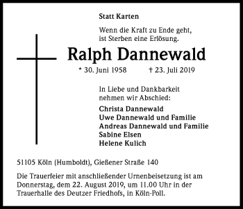 Anzeige von Ralph Dannewald von Kölner Stadt-Anzeiger / Kölnische Rundschau / Express