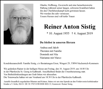 Anzeige von Reiner Anton Sistig von  Blickpunkt Euskirchen 