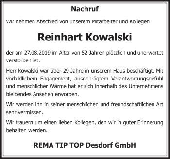 Anzeige von Reinhart Kowalski von  Sonntags-Post 