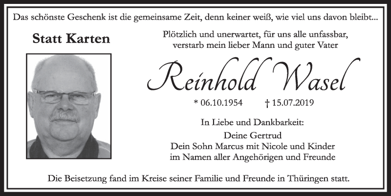  Traueranzeige für Reinhold Wasel vom 03.08.2019 aus  Sonntags-Post 