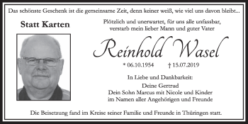 Anzeige von Reinhold Wasel von  Sonntags-Post 