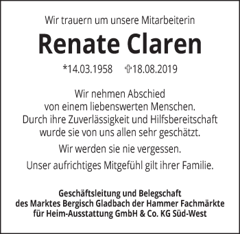 Anzeige von Renate Claren von  Bergisches Handelsblatt 