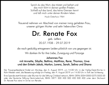 Anzeige von Renate Fox von Kölner Stadt-Anzeiger / Kölnische Rundschau / Express