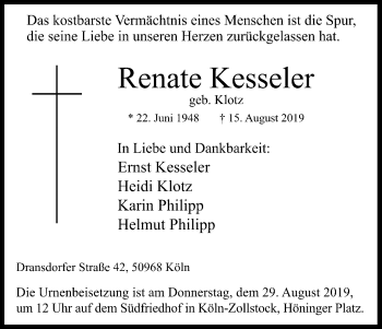 Anzeige von Renate Kesseler von Kölner Stadt-Anzeiger / Kölnische Rundschau / Express