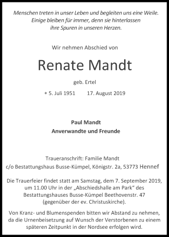 Anzeige von Renate Mandt von Kölner Stadt-Anzeiger / Kölnische Rundschau / Express
