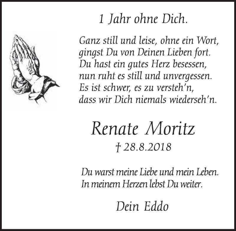  Traueranzeige für Renate Moritz vom 28.08.2019 aus  Schlossbote/Werbekurier 