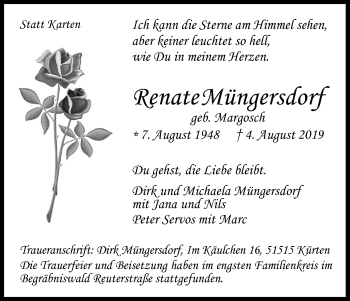 Anzeige von Renate Müngersdorf von Kölner Stadt-Anzeiger / Kölnische Rundschau / Express