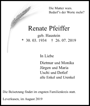 Anzeige von Renate Pfeiffer von Kölner Stadt-Anzeiger / Kölnische Rundschau / Express