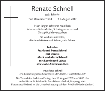 Anzeige von Renate Schnell von  Kölner Wochenspiegel 