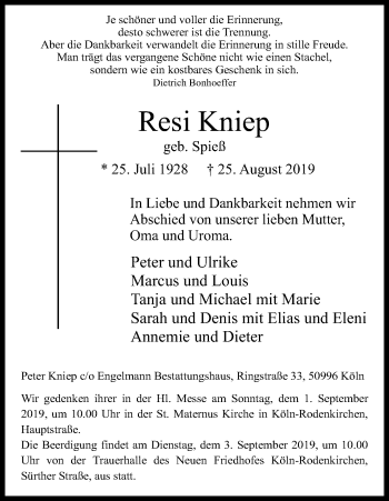 Anzeige von Resi Kniep von Kölner Stadt-Anzeiger / Kölnische Rundschau / Express