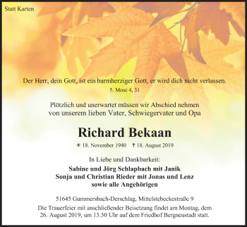 Anzeige von Richard Bekaan von Kölner Stadt-Anzeiger / Kölnische Rundschau / Express