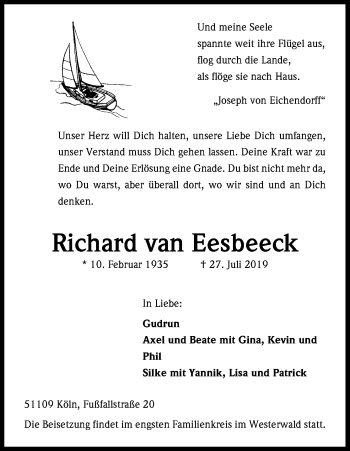 Anzeige von Richard van Eesbeeck von Kölner Stadt-Anzeiger / Kölnische Rundschau / Express