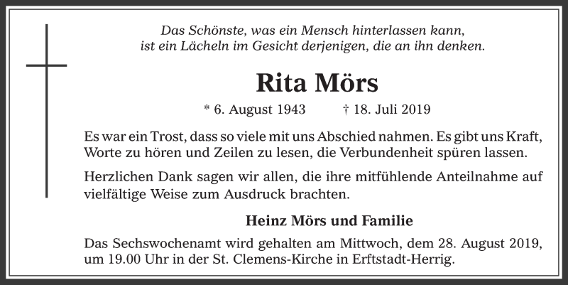  Traueranzeige für Rita Mörs vom 21.08.2019 aus  Werbepost 