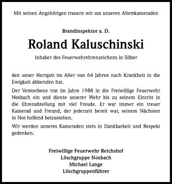 Anzeige von Roland Kaluschinski von Kölner Stadt-Anzeiger / Kölnische Rundschau / Express