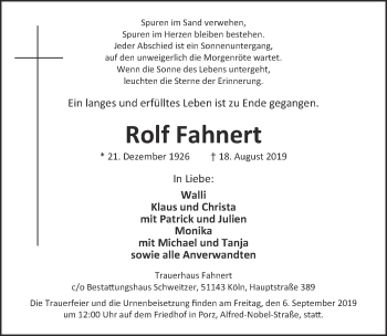 Anzeige von Rolf Fahnert von  Kölner Wochenspiegel 