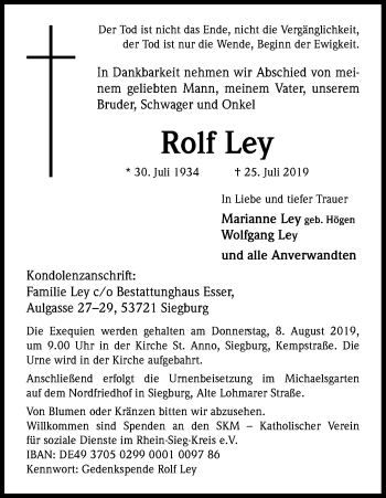 Anzeige von Rolf Ley von Kölner Stadt-Anzeiger / Kölnische Rundschau / Express