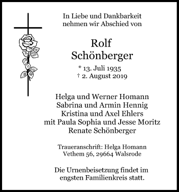 Anzeige von Rolf Schönberger von Kölner Stadt-Anzeiger / Kölnische Rundschau / Express