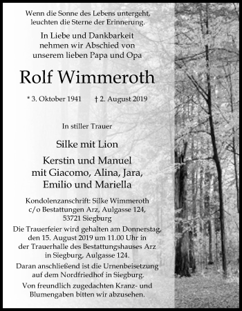 Anzeige von Rolf Wimmeroth von Kölner Stadt-Anzeiger / Kölnische Rundschau / Express