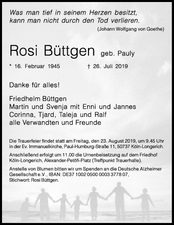 Anzeige von Rosi Büttgen von Kölner Stadt-Anzeiger / Kölnische Rundschau / Express