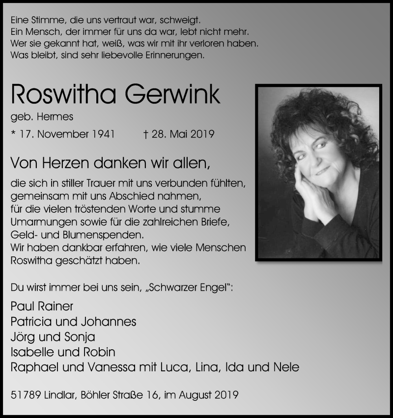  Traueranzeige für Roswitha Gerwink vom 24.08.2019 aus Kölner Stadt-Anzeiger / Kölnische Rundschau / Express