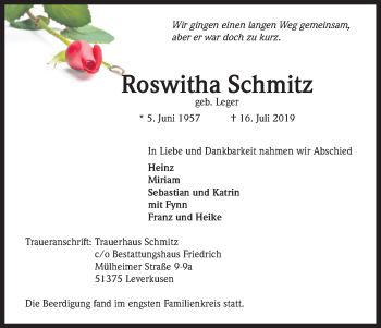 Anzeige von Roswitha Schmitz von Kölner Stadt-Anzeiger / Kölnische Rundschau / Express